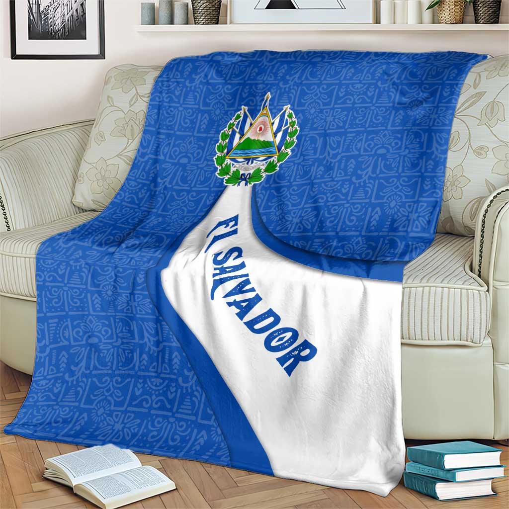 El Salvador Coat of Arms Blanket with Curved Text and Blue Patterned Background - Wonder Print Shop