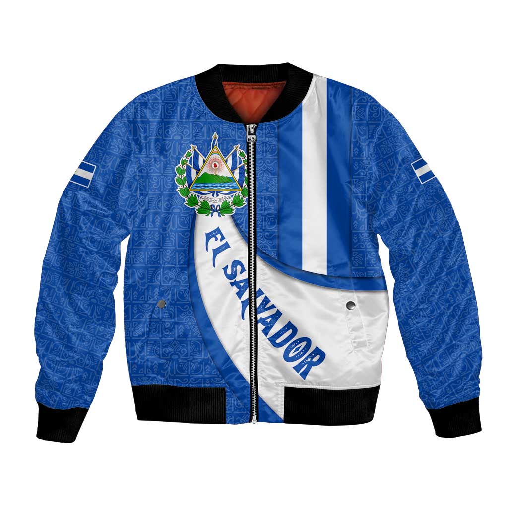 El Salvador Coat of Arms Bomber Jacket with Curved Text and Blue Patterned Background - Wonder Print Shop