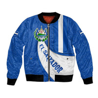 El Salvador Coat of Arms Bomber Jacket with Curved Text and Blue Patterned Background - Wonder Print Shop