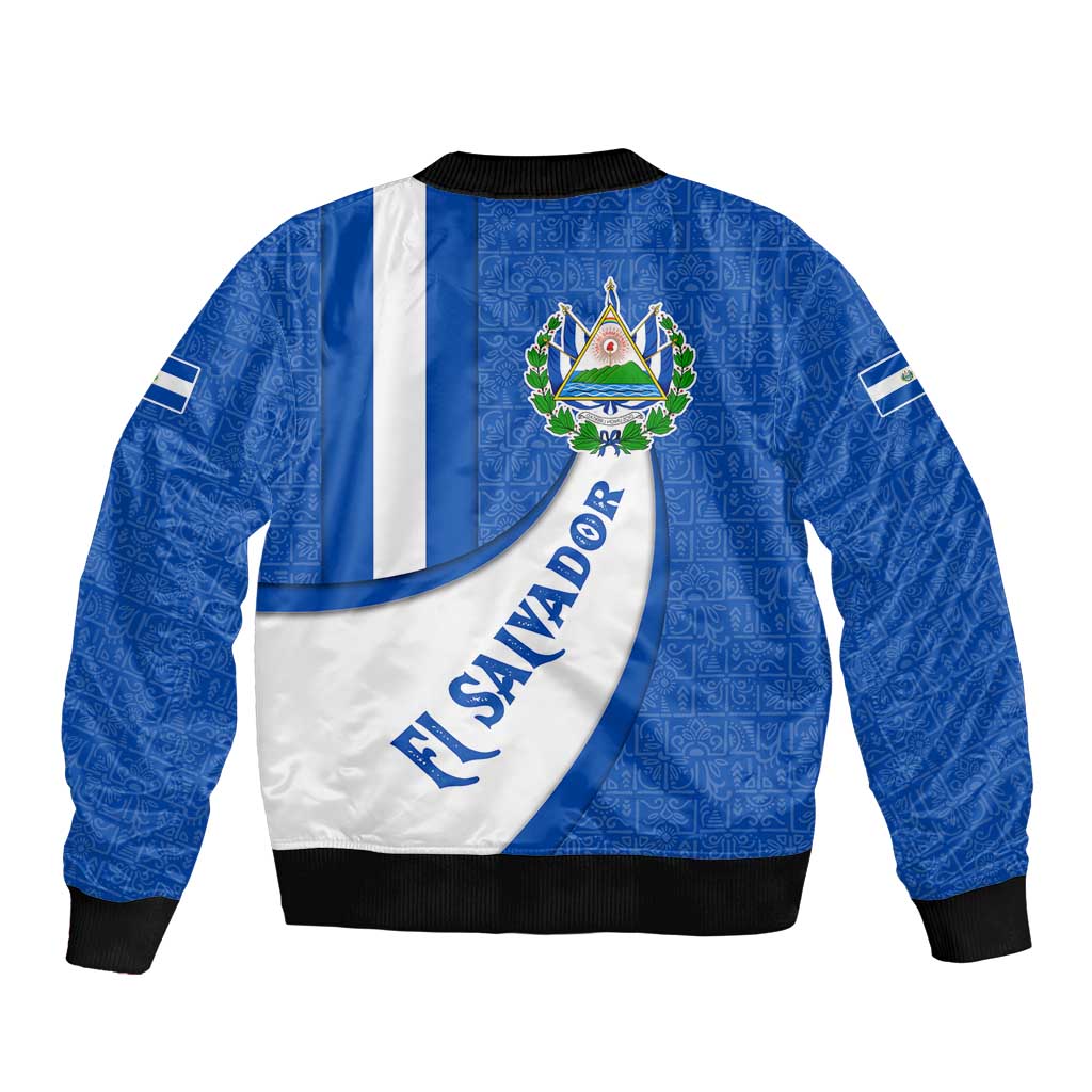 El Salvador Coat of Arms Bomber Jacket with Curved Text and Blue Patterned Background - Wonder Print Shop