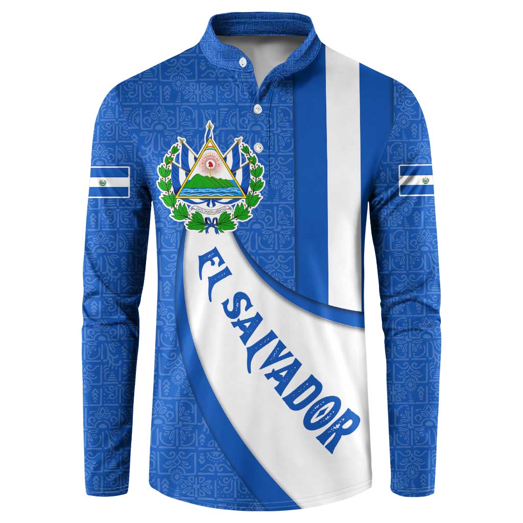 El Salvador Coat of Arms Button Sweatshirt with Curved Text and Blue Patterned Background - Wonder Print Shop
