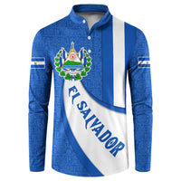 El Salvador Coat of Arms Button Sweatshirt with Curved Text and Blue Patterned Background - Wonder Print Shop