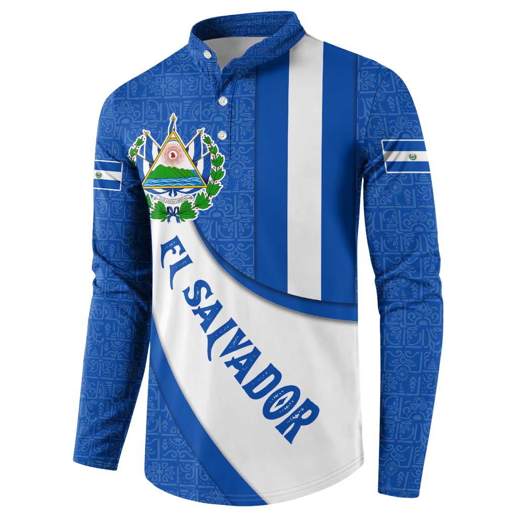 El Salvador Coat of Arms Button Sweatshirt with Curved Text and Blue Patterned Background - Wonder Print Shop