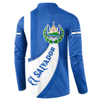 El Salvador Coat of Arms Button Sweatshirt with Curved Text and Blue Patterned Background - Wonder Print Shop