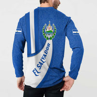 El Salvador Coat of Arms Button Sweatshirt with Curved Text and Blue Patterned Background - Wonder Print Shop