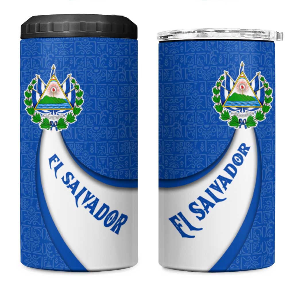 El Salvador Coat of Arms 4 in 1 Can Cooler Tumbler with Curved Text and Blue Patterned Background - Wonder Print Shop
