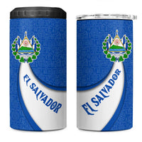 El Salvador Coat of Arms 4 in 1 Can Cooler Tumbler with Curved Text and Blue Patterned Background - Wonder Print Shop