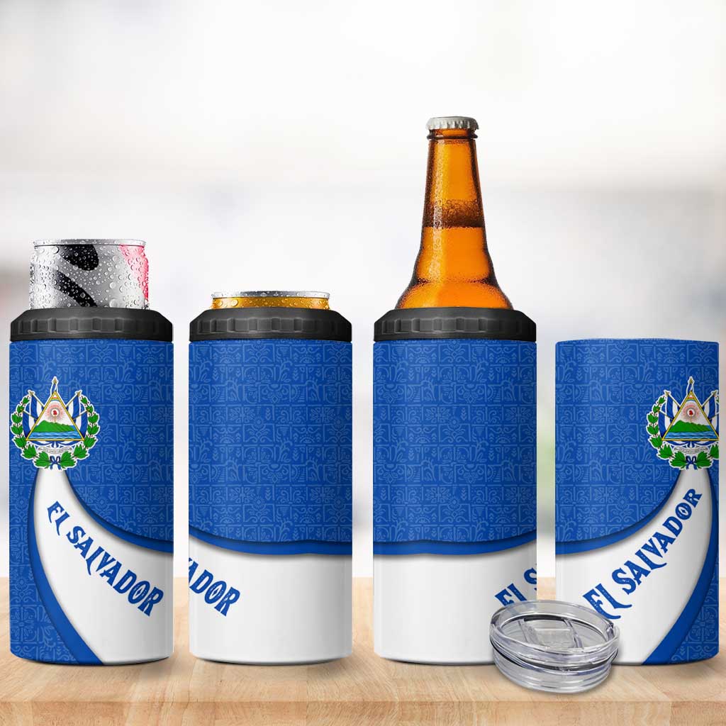 El Salvador Coat of Arms 4 in 1 Can Cooler Tumbler with Curved Text and Blue Patterned Background - Wonder Print Shop