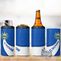 El Salvador Coat of Arms 4 in 1 Can Cooler Tumbler with Curved Text and Blue Patterned Background - Wonder Print Shop