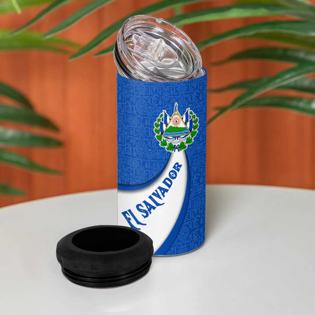 El Salvador Coat of Arms 4 in 1 Can Cooler Tumbler with Curved Text and Blue Patterned Background - Wonder Print Shop