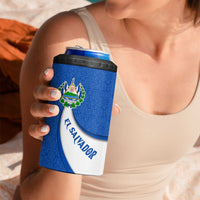 El Salvador Coat of Arms 4 in 1 Can Cooler Tumbler with Curved Text and Blue Patterned Background - Wonder Print Shop
