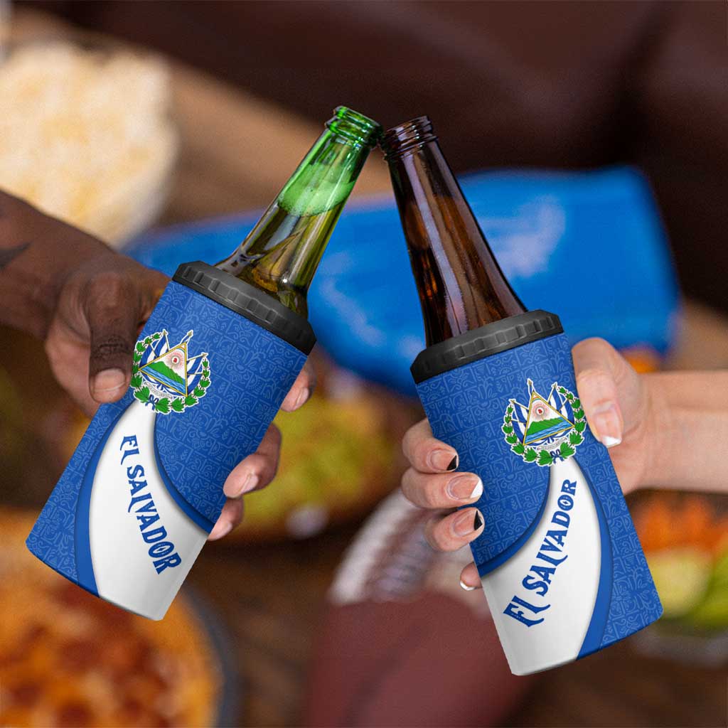 El Salvador Coat of Arms 4 in 1 Can Cooler Tumbler with Curved Text and Blue Patterned Background - Wonder Print Shop