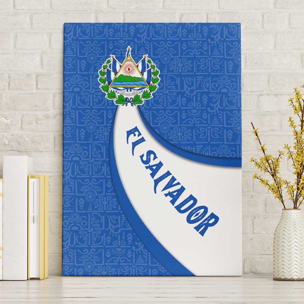 El Salvador Coat of Arms Canvas Wall Art with Curved Text and Blue Patterned Background - Wonder Print Shop