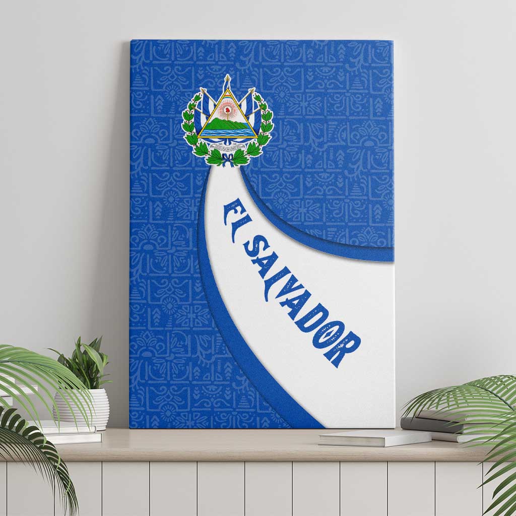 El Salvador Coat of Arms Canvas Wall Art with Curved Text and Blue Patterned Background - Wonder Print Shop