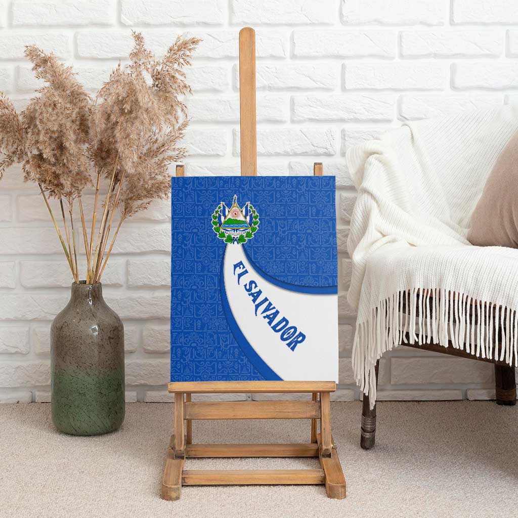 El Salvador Coat of Arms Canvas Wall Art with Curved Text and Blue Patterned Background - Wonder Print Shop