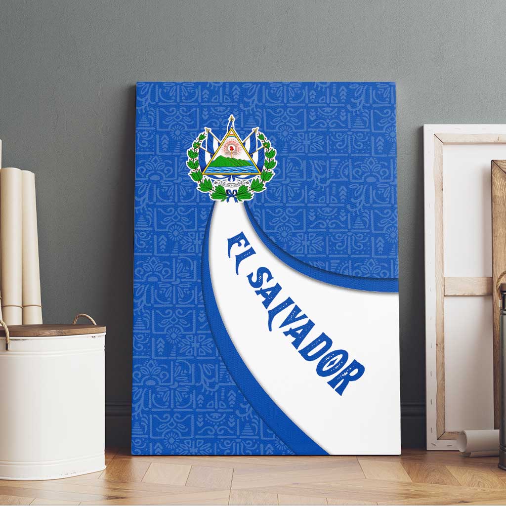 El Salvador Coat of Arms Canvas Wall Art with Curved Text and Blue Patterned Background - Wonder Print Shop