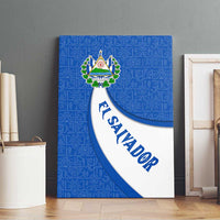 El Salvador Coat of Arms Canvas Wall Art with Curved Text and Blue Patterned Background - Wonder Print Shop