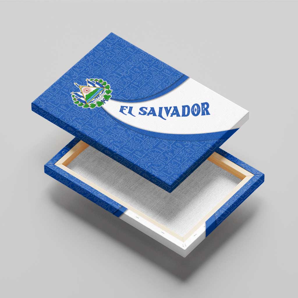 El Salvador Coat of Arms Canvas Wall Art with Curved Text and Blue Patterned Background - Wonder Print Shop
