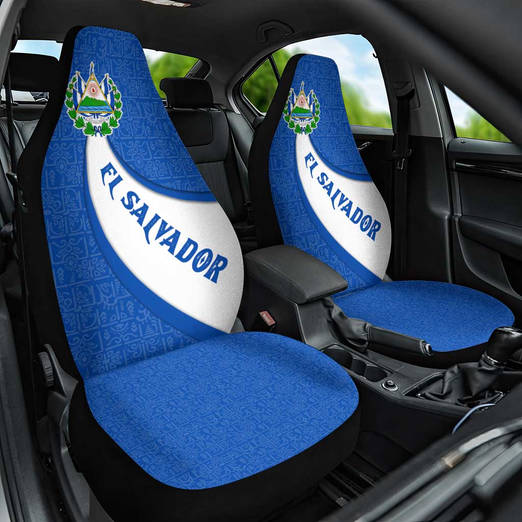 El Salvador Coat of Arms Car Seat Cover with Curved Text and Blue Patterned Background - Wonder Print Shop