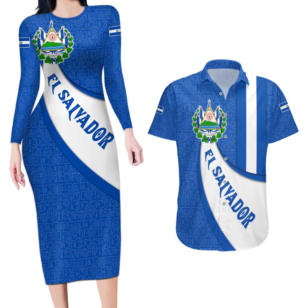 El Salvador Coat of Arms Couples Matching Long Sleeve Bodycon Dress and Hawaiian Shirt with Curved Text and Blue Patterned Background - Wonder Print Shop