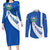 El Salvador Coat of Arms Couples Matching Long Sleeve Bodycon Dress and Long Sleeve Button Shirt with Curved Text and Blue Patterned Background - Wonder Print Shop