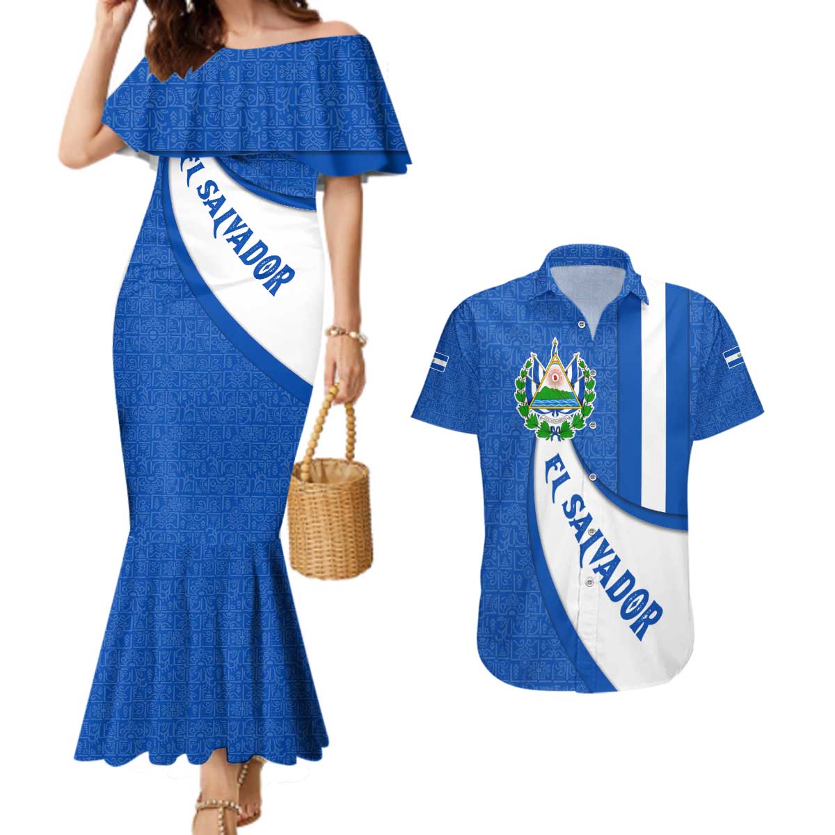 El Salvador Coat of Arms Couples Matching Mermaid Dress and Hawaiian Shirt with Curved Text and Blue Patterned Background - Wonder Print Shop
