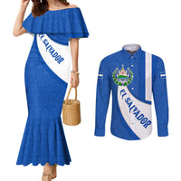 El Salvador Coat of Arms Couples Matching Mermaid Dress and Long Sleeve Button Shirt with Curved Text and Blue Patterned Background - Wonder Print Shop
