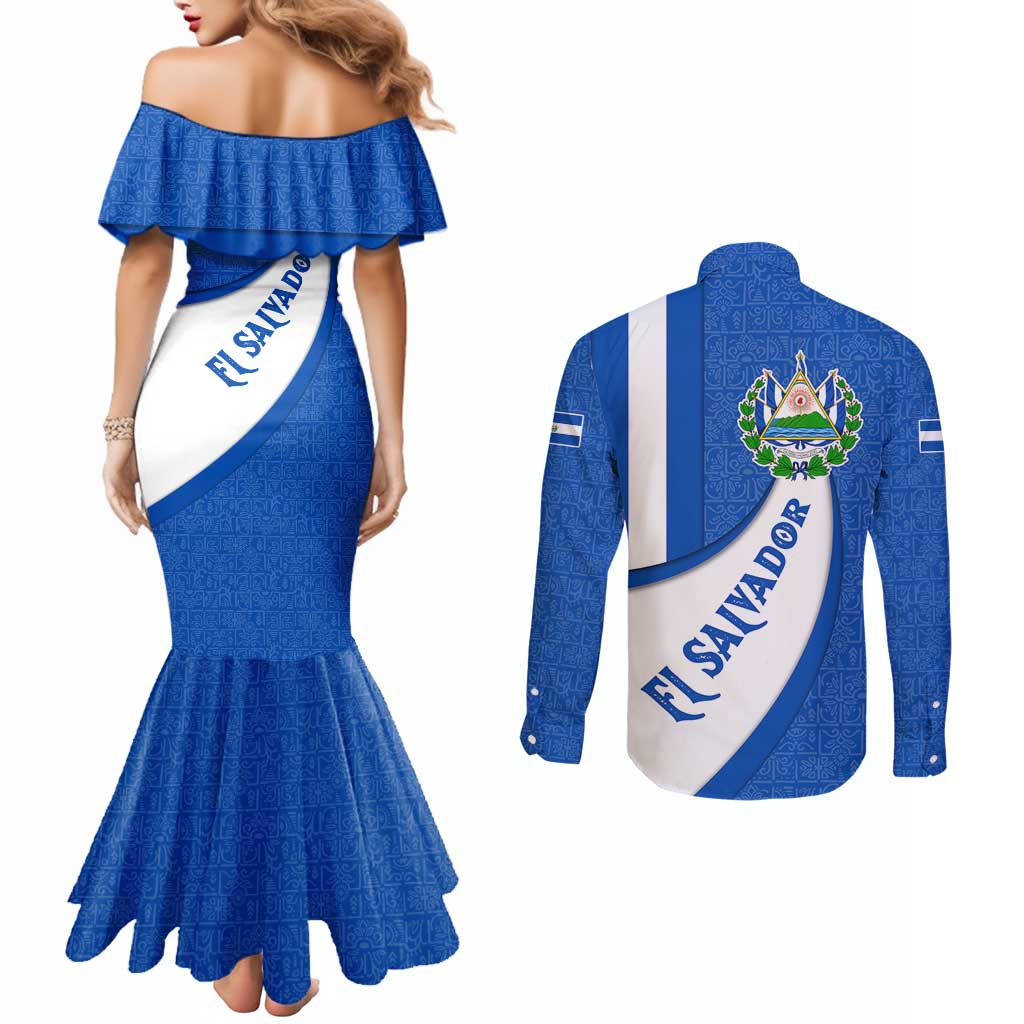 El Salvador Coat of Arms Couples Matching Mermaid Dress and Long Sleeve Button Shirt with Curved Text and Blue Patterned Background - Wonder Print Shop