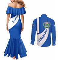 El Salvador Coat of Arms Couples Matching Mermaid Dress and Long Sleeve Button Shirt with Curved Text and Blue Patterned Background - Wonder Print Shop