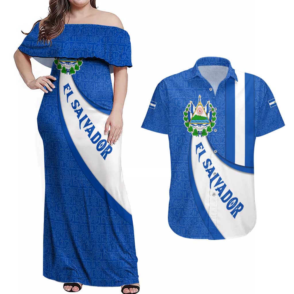 El Salvador Coat of Arms Couples Matching Off Shoulder Maxi Dress and Hawaiian Shirt with Curved Text and Blue Patterned Background - Wonder Print Shop