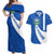 El Salvador Coat of Arms Couples Matching Off Shoulder Maxi Dress and Hawaiian Shirt with Curved Text and Blue Patterned Background - Wonder Print Shop