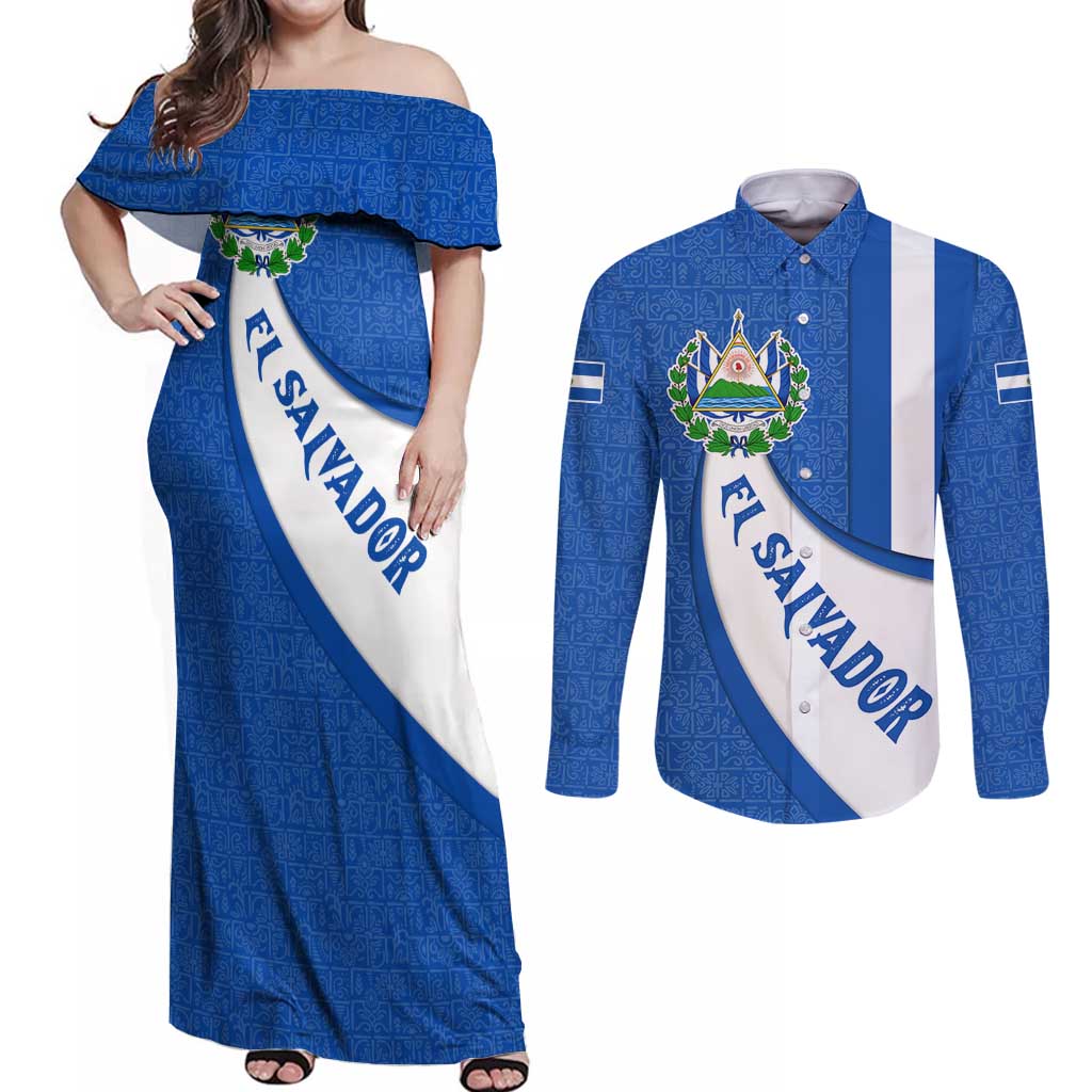 El Salvador Coat of Arms Couples Matching Off Shoulder Maxi Dress and Long Sleeve Button Shirt with Curved Text and Blue Patterned Background - Wonder Print Shop