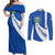 El Salvador Coat of Arms Couples Matching Off Shoulder Maxi Dress and Long Sleeve Button Shirt with Curved Text and Blue Patterned Background - Wonder Print Shop