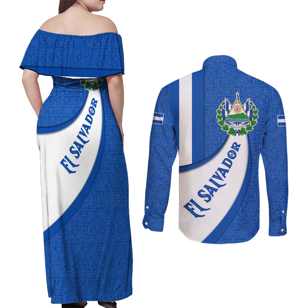 El Salvador Coat of Arms Couples Matching Off Shoulder Maxi Dress and Long Sleeve Button Shirt with Curved Text and Blue Patterned Background - Wonder Print Shop
