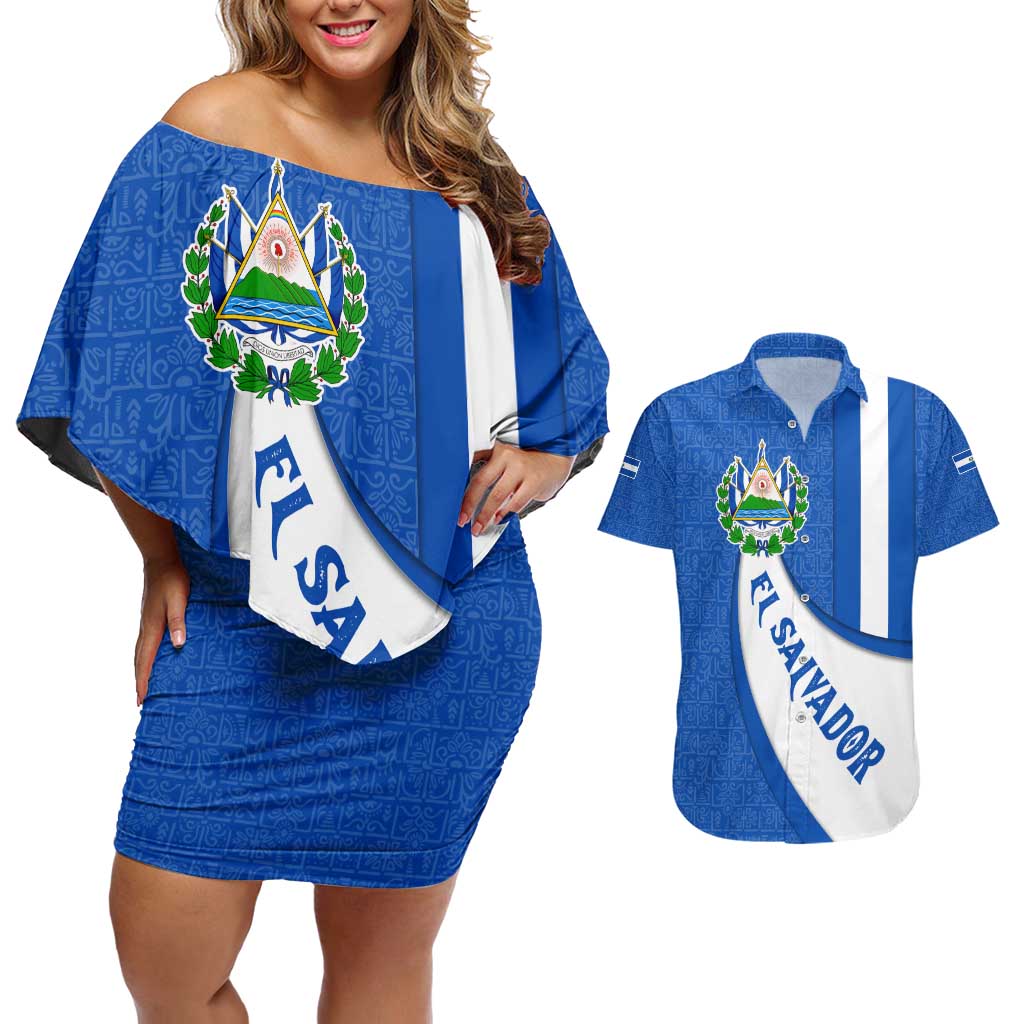 El Salvador Coat of Arms Couples Matching Off Shoulder Short Dress and Hawaiian Shirt with Curved Text and Blue Patterned Background - Wonder Print Shop