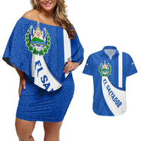 El Salvador Coat of Arms Couples Matching Off Shoulder Short Dress and Hawaiian Shirt with Curved Text and Blue Patterned Background - Wonder Print Shop