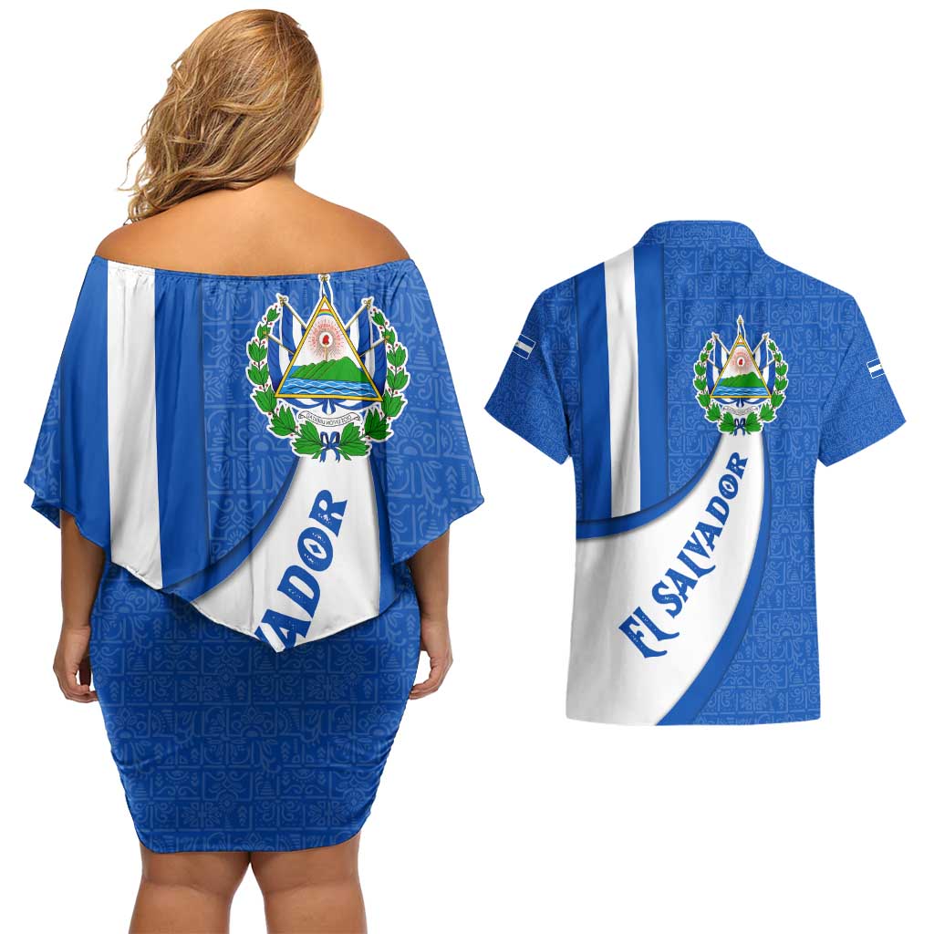 El Salvador Coat of Arms Couples Matching Off Shoulder Short Dress and Hawaiian Shirt with Curved Text and Blue Patterned Background - Wonder Print Shop