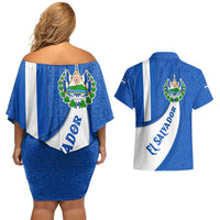 El Salvador Coat of Arms Couples Matching Off Shoulder Short Dress and Hawaiian Shirt with Curved Text and Blue Patterned Background - Wonder Print Shop