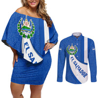 El Salvador Coat of Arms Couples Matching Off Shoulder Short Dress and Long Sleeve Button Shirt with Curved Text and Blue Patterned Background - Wonder Print Shop