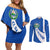 El Salvador Coat of Arms Couples Matching Off Shoulder Short Dress and Long Sleeve Button Shirt with Curved Text and Blue Patterned Background - Wonder Print Shop