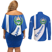 El Salvador Coat of Arms Couples Matching Off Shoulder Short Dress and Long Sleeve Button Shirt with Curved Text and Blue Patterned Background - Wonder Print Shop