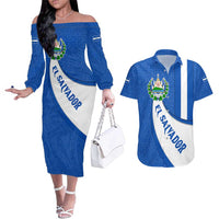El Salvador Coat of Arms Couples Matching Off The Shoulder Long Sleeve Dress and Hawaiian Shirt with Curved Text and Blue Patterned Background - Wonder Print Shop