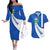 El Salvador Coat of Arms Couples Matching Off The Shoulder Long Sleeve Dress and Hawaiian Shirt with Curved Text and Blue Patterned Background - Wonder Print Shop