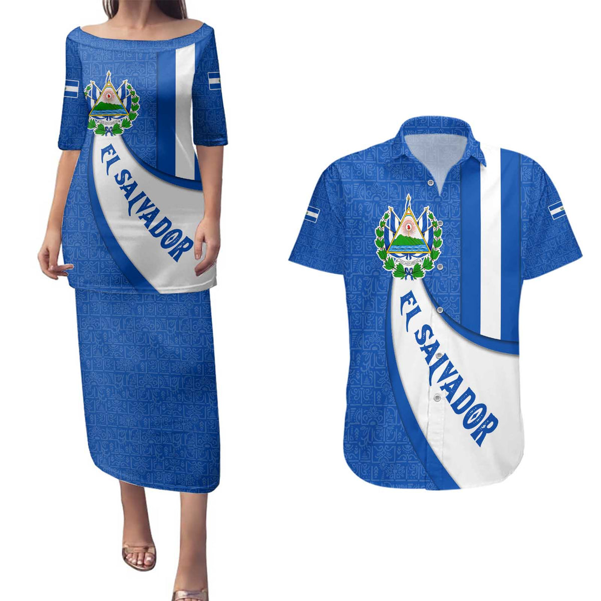 El Salvador Coat of Arms Couples Matching Puletasi and Hawaiian Shirt with Curved Text and Blue Patterned Background - Wonder Print Shop