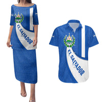 El Salvador Coat of Arms Couples Matching Puletasi and Hawaiian Shirt with Curved Text and Blue Patterned Background - Wonder Print Shop