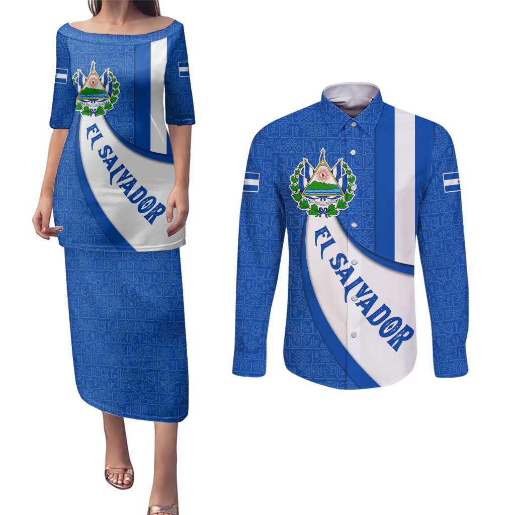 El Salvador Coat of Arms Couples Matching Puletasi and Long Sleeve Button Shirt with Curved Text and Blue Patterned Background - Wonder Print Shop