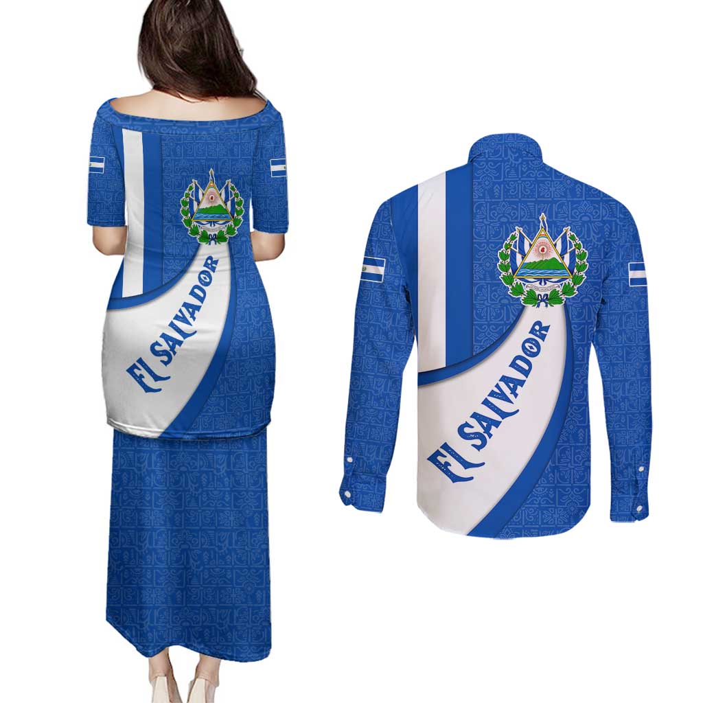 El Salvador Coat of Arms Couples Matching Puletasi and Long Sleeve Button Shirt with Curved Text and Blue Patterned Background - Wonder Print Shop