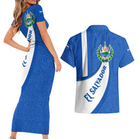 El Salvador Coat of Arms Couples Matching Short Sleeve Bodycon Dress and Hawaiian Shirt with Curved Text and Blue Patterned Background - Wonder Print Shop