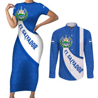 El Salvador Coat of Arms Couples Matching Short Sleeve Bodycon Dress and Long Sleeve Button Shirt with Curved Text and Blue Patterned Background - Wonder Print Shop
