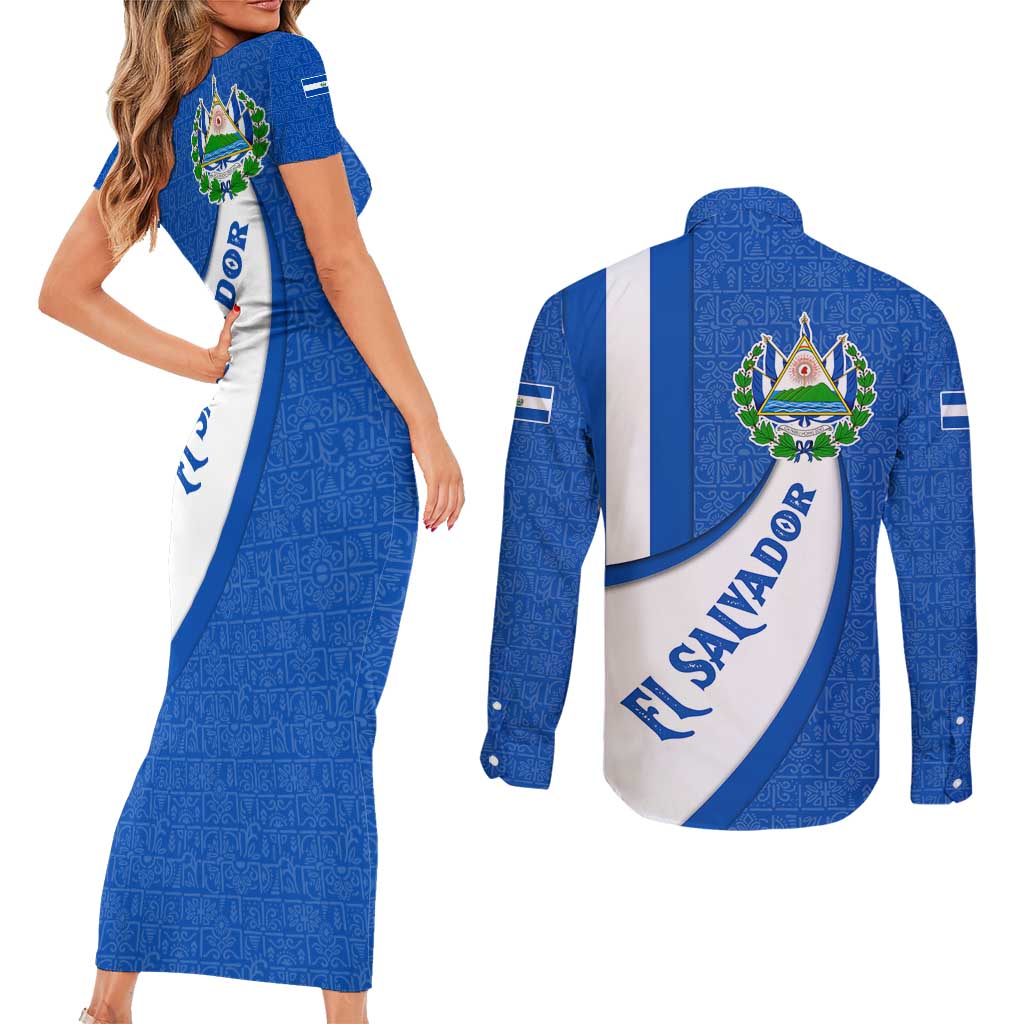 El Salvador Coat of Arms Couples Matching Short Sleeve Bodycon Dress and Long Sleeve Button Shirt with Curved Text and Blue Patterned Background - Wonder Print Shop